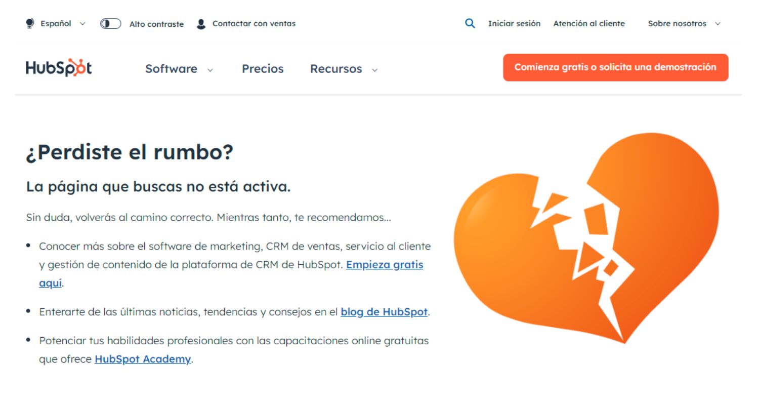 Ejemplo de página 404 de HubSpot